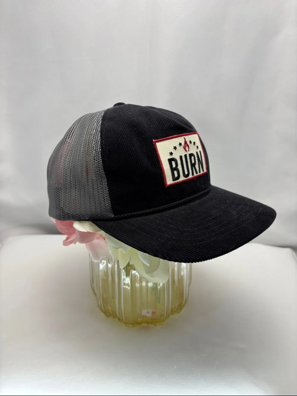 BURN Patch Trucker Hat - Black & Gray Corduroy and Mesh‎
